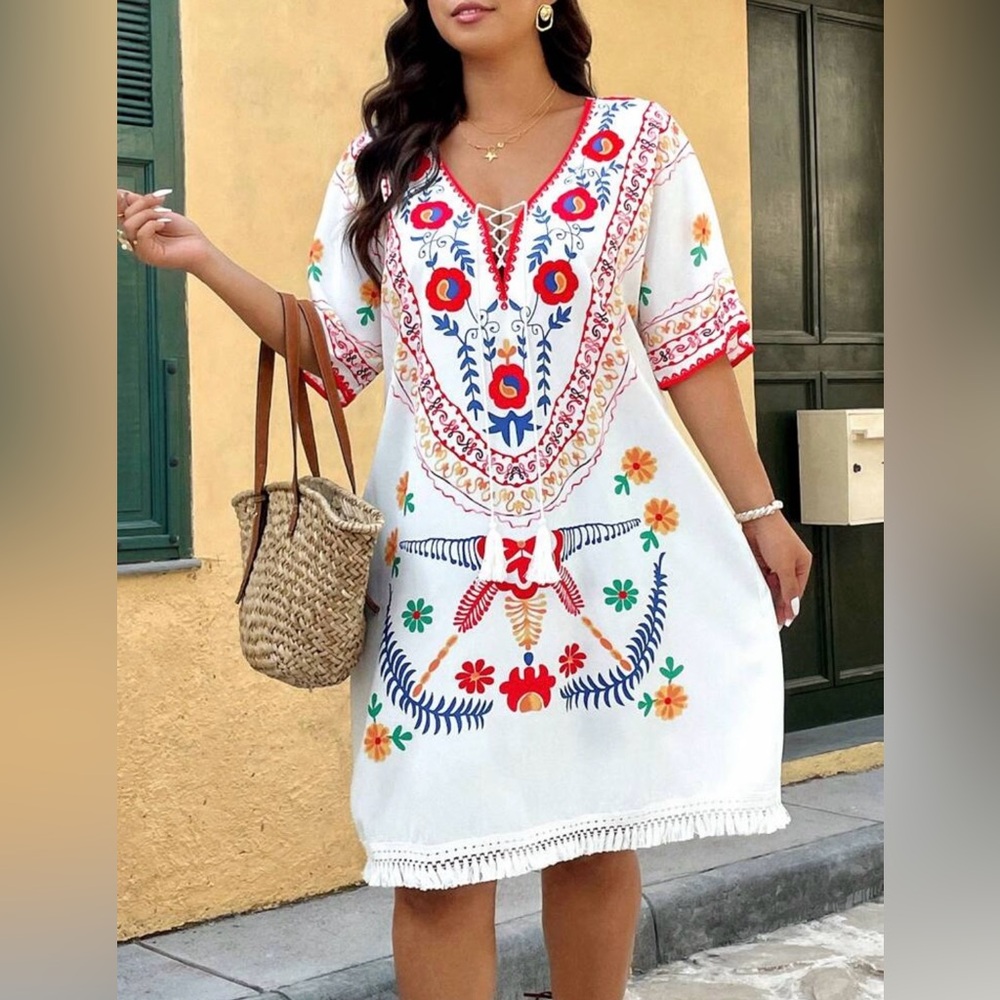 White Floral Designed Swim Cover-Up
